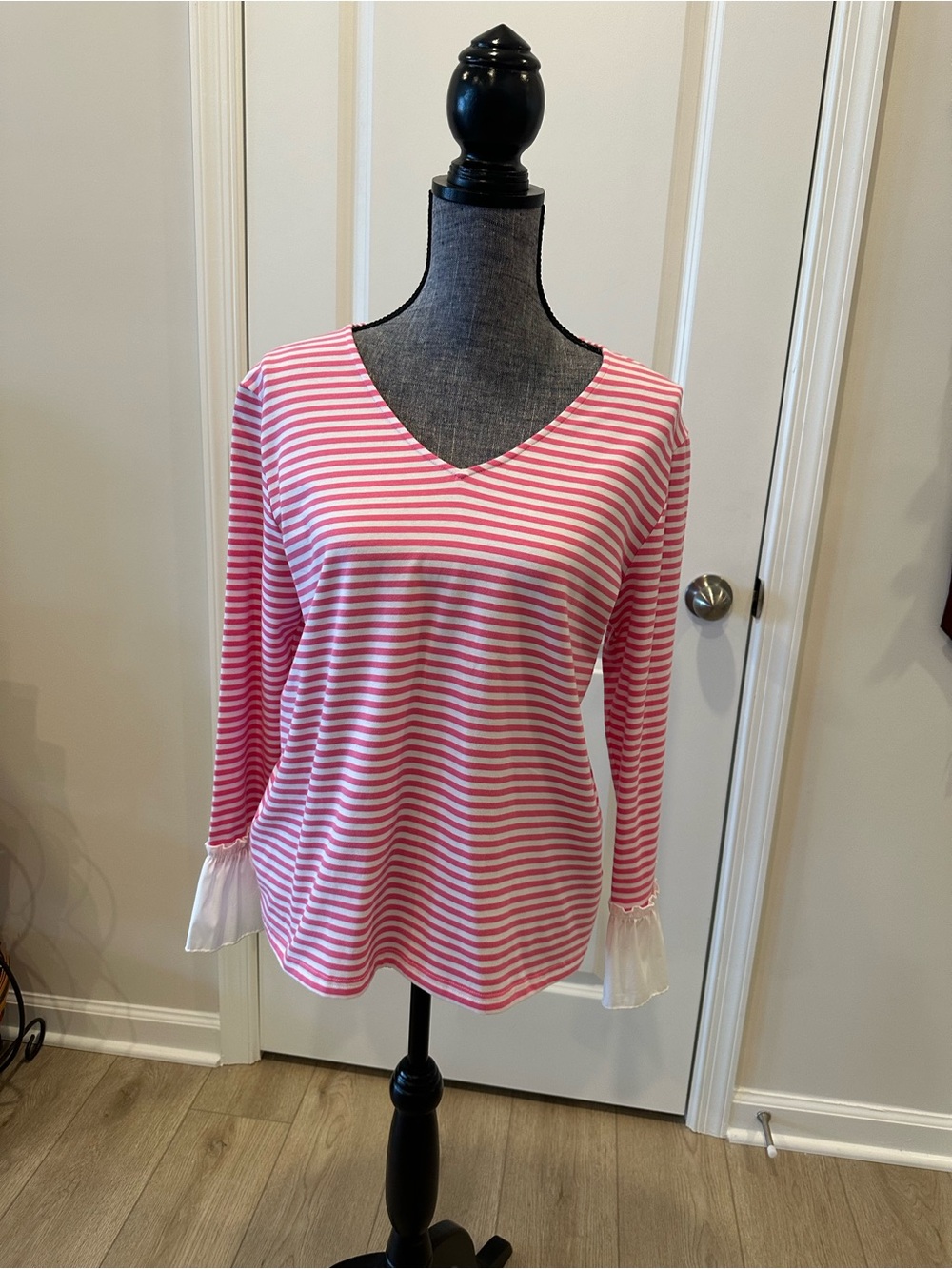Sara Campbell Pink Striped LG Long-Sleeve Ruffle Top